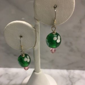 Green and Pink Glass and Crystal Earrings
